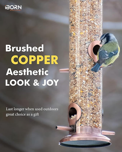 iBorn Metal Bird Feeders Metal Bird Feeder Copper for Outdoors Hanging All Metal Copper Finishing 14 Inch 4Port(Seed is not Included)