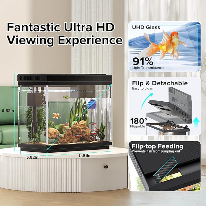 Fish Tank 2.4 Gallon Aquarium with Heater, 3-in-1 Silent Pump with Filteration & Oxygenation & Circulation, 7-Color Timer Cycle Light, Temperature Display, Humidifier, HD Glass Fish Bowl