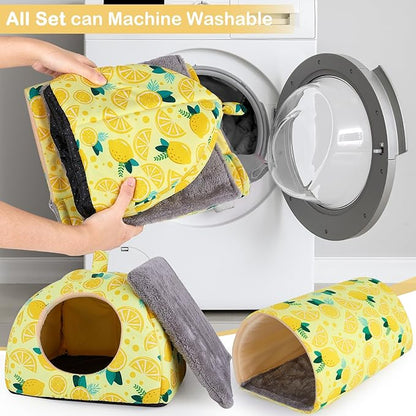 Bienbee Guinea Pig Hideout, Washable Rabbit Bed with Guinea Pig Tunnel, 2 Pack Guinea Pigs Toys Set Bunny Hideout Cage Accessories for Hamster Ferret Rabbits Bunny,Yellow Lemon