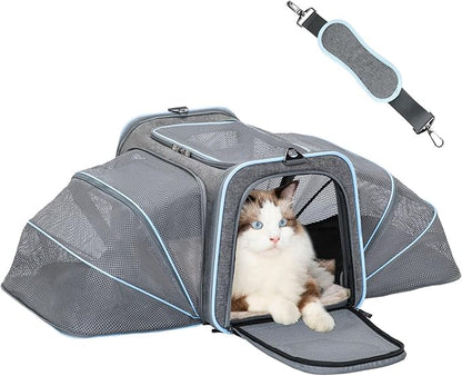 Petsfit Expandable Cat Carrier for 2 Cats Small Dog Carriers, Soft-Sided Portable Washable Pet Travel Carrier with Two Extension for Kittens, Puppies, Rabbits, 19 x 12x 12 inches, Light Grey