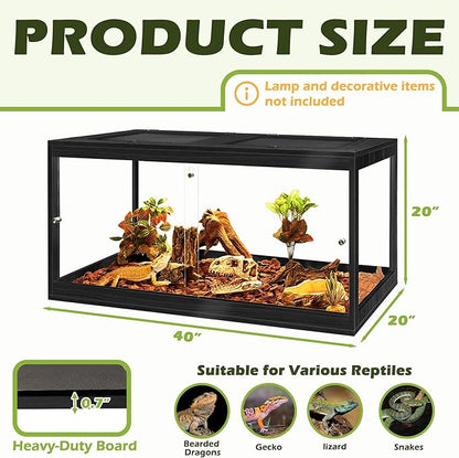 PROLEE Bearded Dragon Tank,61 Gallon Reptile Tank with Meatl Mesh Roof and Front Sliding Door, Anti-Scratch Lizard Tank,Spacious Reptile Enclosure for Snakes,Lguanas, Chameleons (Black)