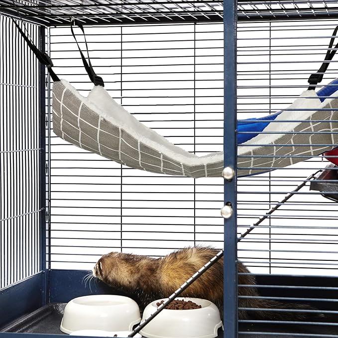 2 Pieces Reversible Cat Hanging Hammock Soft Breathable Pet Cage Hammock with Adjustable Straps and Metal Hooks Double Sided Hanging Bed for Small Dogs Rabbits(Cat and Plaid,L)