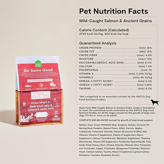 Open Farm, Ancient Grains Dry Dog Food, Protein-Rich & Nutrient Dense, 90% Animal Protein Mixed with Non-GMO Fruits, Veggies and Superfoods, Wild Caugh Salmon Recipe, 22lb Bag