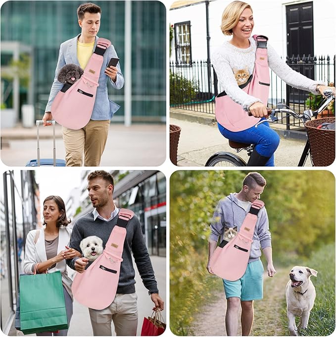 CUBY Dog and Cat Sling Carrier - Hands Free Reversible Pet Papoose Bag - Soft Pouch and Tote Design - Suitable for Puppy, Small Dogs Cats Outdoor (Pink Senior, Adjust Strap 2.0)
