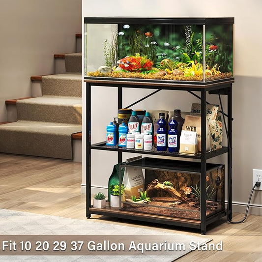 TC-HOMENY Fish Tank Stand 10,20,29,37 Gallon, Aquarium Stand with adjustable shelf,1000LB Capacity ,31" L x 16" W Metal Reptile Tank Stand, Double Storage Design Adjustable Boards, Brown