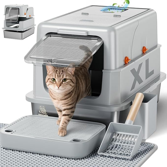 Stainless Steel Litter Box with Lid - XL Enclosed Litter Box for Cats with Collecting Mat - 4 Way Setup Fully Closed, Semi Low, High & Open Kitty Boxes, Leak Proof Metal LitterBox (Light Gray)