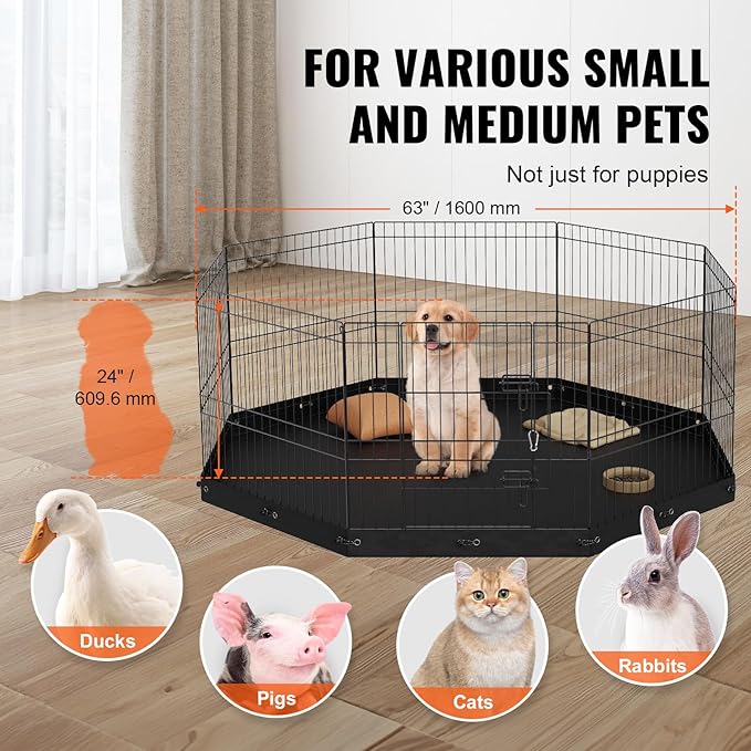 VEVOR Foldable Metal Dog Exercise Pen, Pet Playpen Dog Fence for Camping with Bottom Pad, 24" H 8 Panels, Puppy Crate Kennel Indoor Outdoor for Small & Medium Dogs, Both for Home & Yard Use