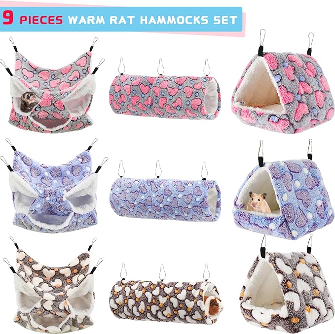 Abbylike 9 Pieces Rat Hammock 3 Tier Guinea Pig Ferret Hammocks Small Pet Hanging Tunnel Glider Toy Guinea Pig Ferret Hideout Bed Cage Accessories for Hamster(Purple, Brown, Gray,Heart)
