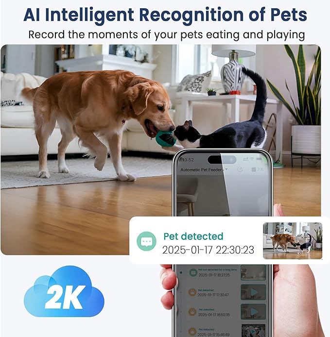 Automatic Cat Feeder with Cameras, 5G WiFi Pet Food Dispenser with 2-Way Audio & Meal Call, 4L Cat Auto Feeder, Easy Setup, App Control, Night Vision, Cloud Storage, AI Pet Motion Capturing