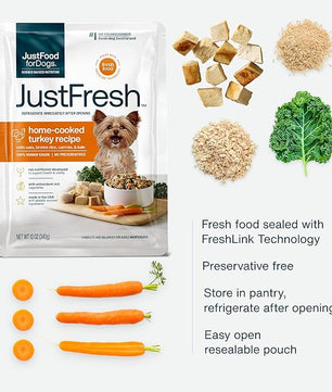 JustFoodForDogs JustFresh Home-Cooked Turkey Dog Food with No Preservatives, Resealable Packaging, Human Grade Wet Dog Food, 12 oz - 7 Pack