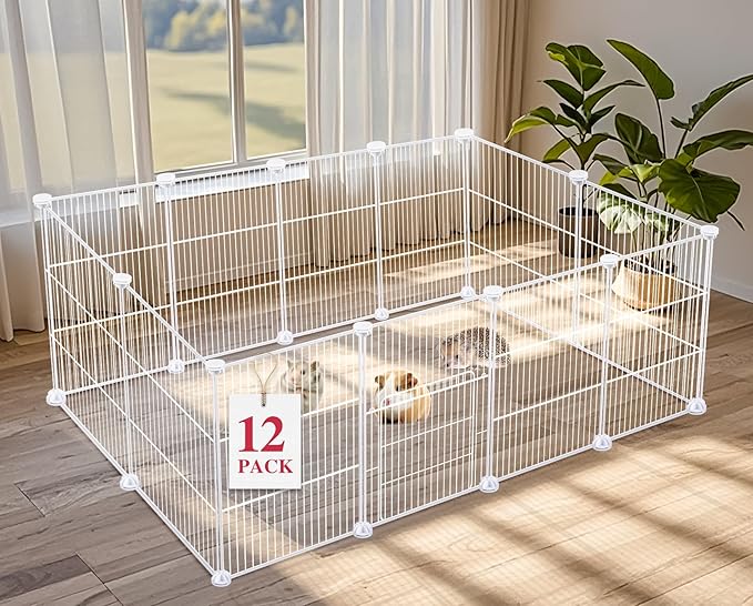 12 Panels Small Animal Playpen,Pet Playpen,C&C Cage for Guinea Pigs,Puppy Play Pen,Bunny Playpen Indoor Outdoor, Portable Metal Wire Yard Fence(White)