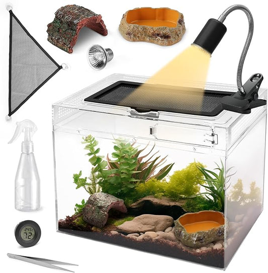 AZV Reptile Terrarium Enclosure,19.5" x 9.4"x 10.5" Reptile Tank with Bearded Dragon Lizard Hammock,UVA & UVB Heat Lamp,Hide Cave for Corn Snake,Turtle,Frog,Leopard Geckos,Chameleons,Spider,Cricket