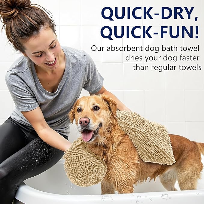 OLANLY Chenille Dog Bath Towel 31x13, Ultra Absorbent Quick Dry Pet Towel, Extra Soft Washable Plush Towel for Large Dogs & Puppies, Indoor Outdoor Use, Beige