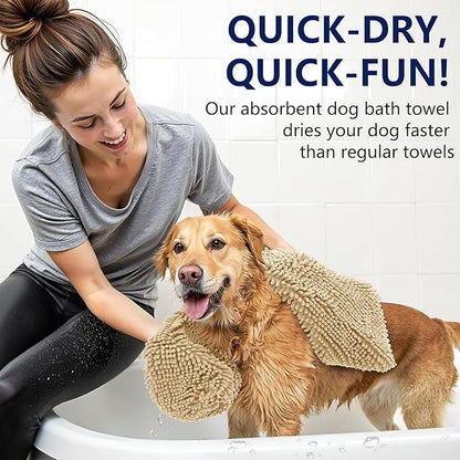 OLANLY Chenille Dog Bath Towel 31x13, Ultra Absorbent Quick Dry Pet Towel, Extra Soft Washable Plush Towel for Large Dogs & Puppies, Indoor Outdoor Use, Beige