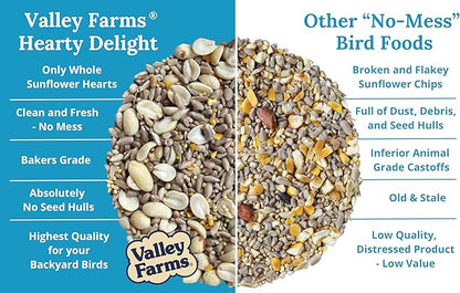 Valley Hearty Delight Wild Bird Food for Outside Feeders No-Mess Bird Seed w Sunflower Hearts & Peanuts no Filler Bird Seed Perfect for Patios 15 LBS