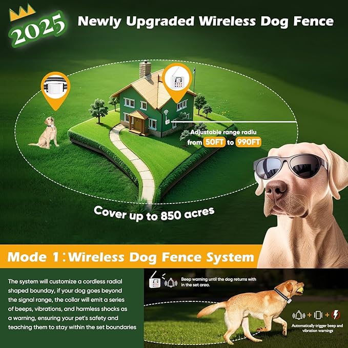 Wireless Dog Fence, Electric Fence for Dogs with Shock Collar, Big Colored LCD Screen, Portable Pet Fence Outdoor for Yards, Adjustable for Small, Medium, Large Dogs
