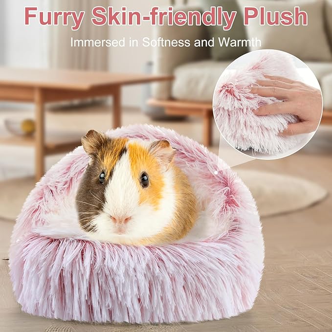 Soothing Guinea Pig Hideout, Doughnut Guinea Pig Bed with Hooded Cover, Washable Hamster Rabbit Bunny Bed, Washable Round Cave Beds for Small Animal Bunny Rabbit Hideout (Pink)
