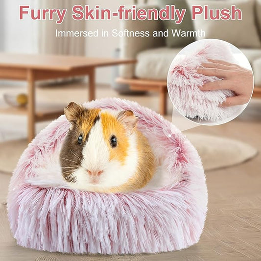 Soothing Guinea Pig Hideout, Doughnut Guinea Pig Bed with Hooded Cover, Washable Hamster Rabbit Bunny Bed, Washable Round Cave Beds for Small Animal Bunny Rabbit Hideout (Pink)