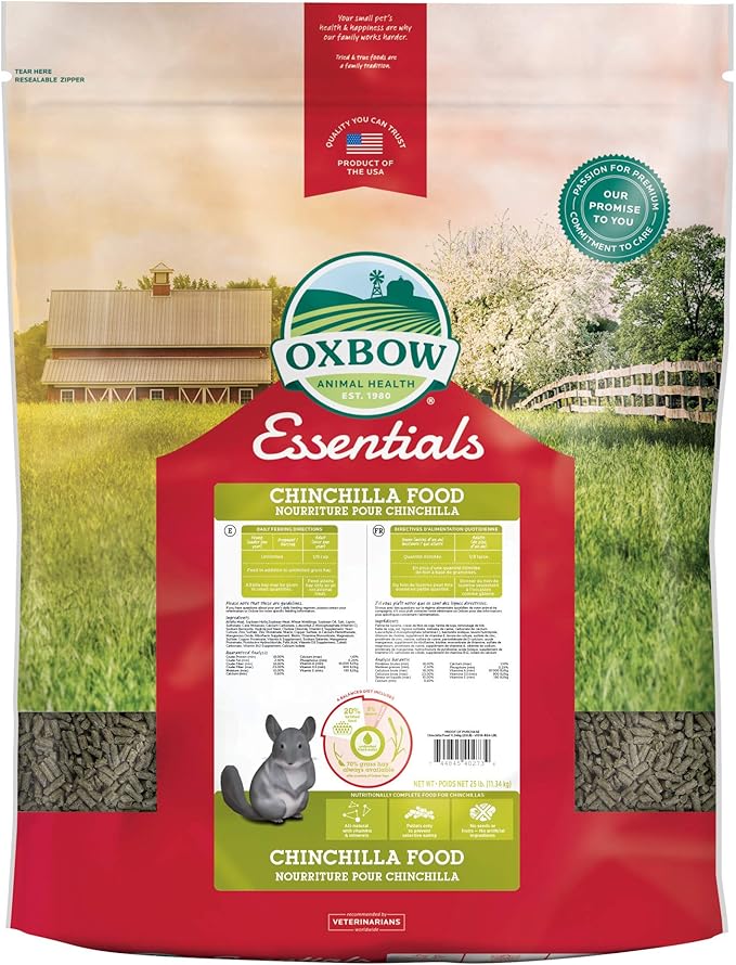 Oxbow Essentials Chinchilla Food, Made Alfalfa, Vitamin & Mineral Rich Food for Chinchillas, Small Animal Pet Pellets, Made in USA, High Fiber, 25 lb Bulk Bag