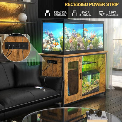 55-75 Gallon Fish Tank Stand with Power Outlets & LED Light, Reversible Heavy Duty Metal Aquarium Stand with Cabinet for Fish Tank Accessories Storage, Turtle/Reptile Terrariums, Rustic