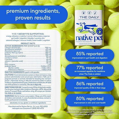 Native Pet Dog Vitamins & Supplements - 11-in-1 Multivitamin Powder for Dogs Food Topper - Collagen, Glucosamine, Probiotics, Omega & More- Supports Healthy Gut, Mobility & Overall Health -90 Scoops