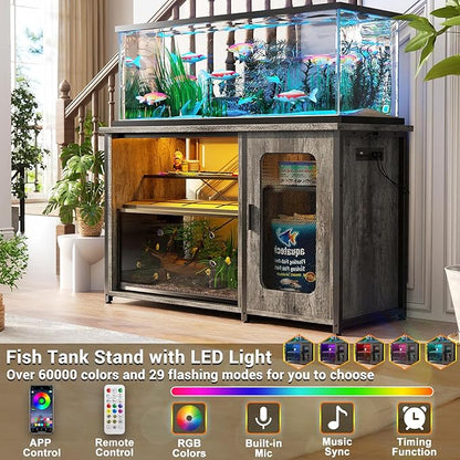 Unikito 55-75 Gallon Aquarium Stand with Power Outlets & LED Light, Reversible Fish Tank Stand with Cabinet for Fish Tank Accessories Storage, Heavy Duty Metal Frame, 880LBS Capacity, Black Oak