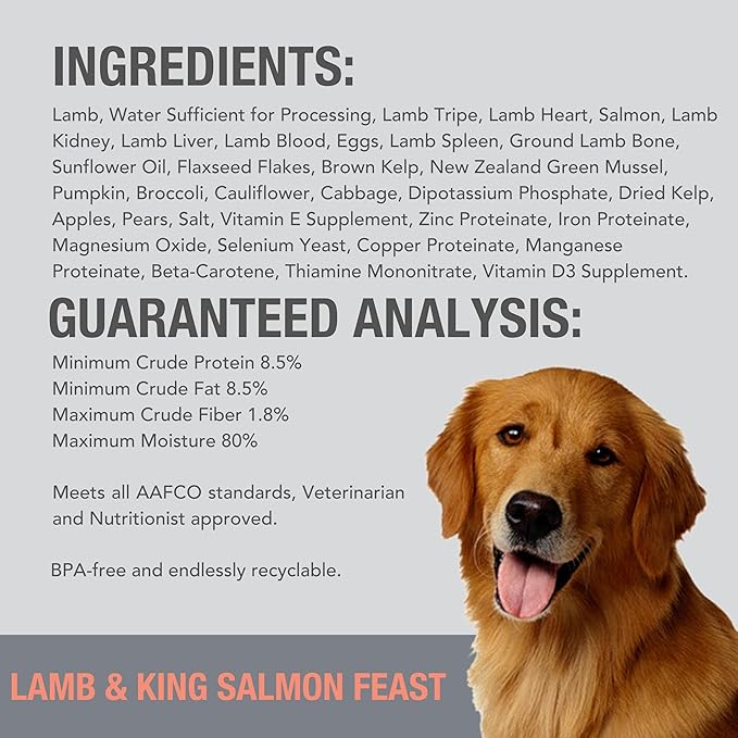 K9 Natural Wet Dog Food Pate, Lamb & King Salmon Feast, 13 Oz Cans (Pack of 12), Grain Free, Made in New Zealand with Grass-Fed, Free-Range Lamb and Sustainably Caught King Salmon