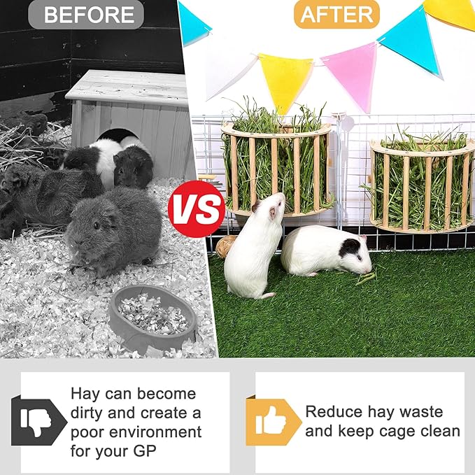 2PCS Guinea Pig Hay Feeder - Wooden Rabbit & Bunny Hay Holder Hanging Rack with Instructions - Suitable for Chinchilla, Ferret & Rabbit Cages