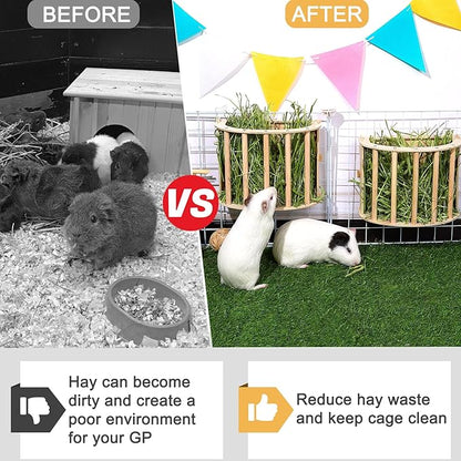 2PCS Guinea Pig Hay Feeder - Wooden Rabbit & Bunny Hay Holder Hanging Rack with Instructions - Suitable for Chinchilla, Ferret & Rabbit Cages