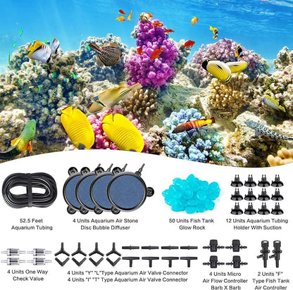 101 PCS 4 Inch Air Stone Disc Bubble Diffuser with Sucker, 52 ft Silicone Airline Tubing with Air Pump Accessories, 4 Control Valve,4 Check Valves, 12 Suction Cups for Hydroponics Aquarium Fish Tank