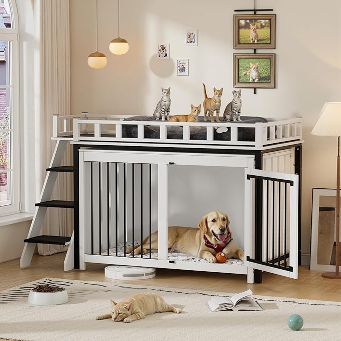 PAKASEPT Dog Crate Furniture, Pet Bunk Bed with Stairs and Storage, Dogs/Cats Window Perch, with Multi-Purpose Blanket and Fluffy Dog Bed for Small Medium Size (55.1L x 28.5" W x 37.4" H)