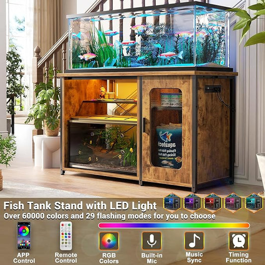 Unikito 55-75 Gallon Aquarium Stand with Power Outlets & LED Light, Reversible Fish Tank Stand with Cabinet for Fish Tank Accessories Storage, Heavy Duty Metal Frame, 880LBS Capacity, Rustic Brown
