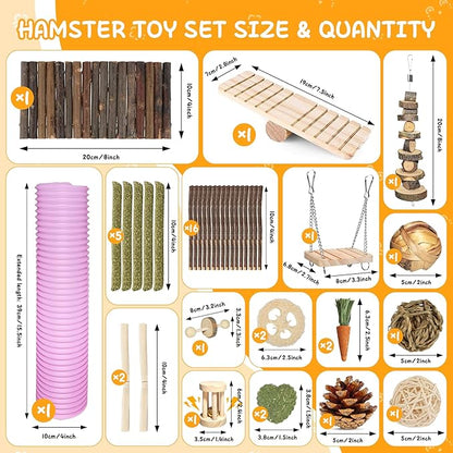 40 PCS Hamster Toys Set Guinea Pig Toys, Hamster Cage Accessories with Tunnel, Bridge, Natural Timothy Hay, Apple Wood and Bamboo for Boredom Relief & Teeth Care for Chinchillas, Gerbils, Rats