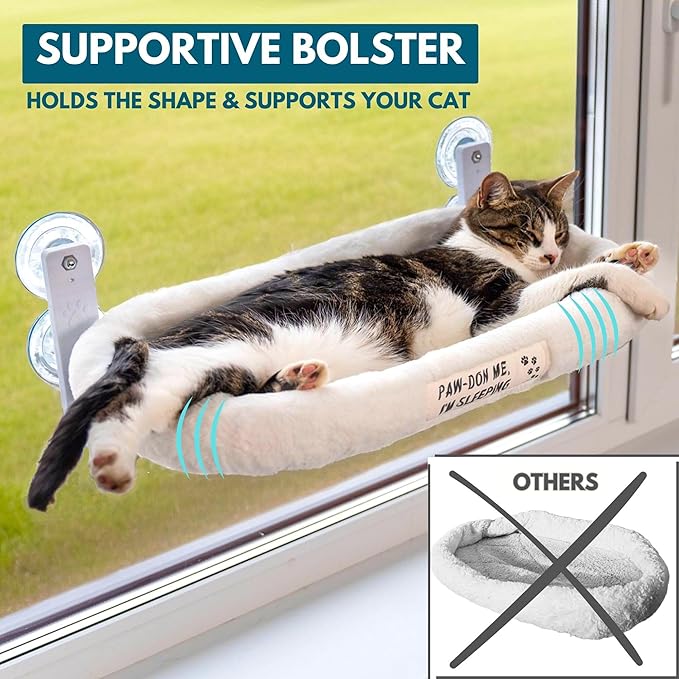 Cat Window Perch — Cat Window Bed with 4 Large Premium Suction Cups & Soft Solid Cushion; Strong Rustproof Metal Frame Window Hammock Holding Up to 40 lbs; Easy Assembly Perch for Indoor Cats