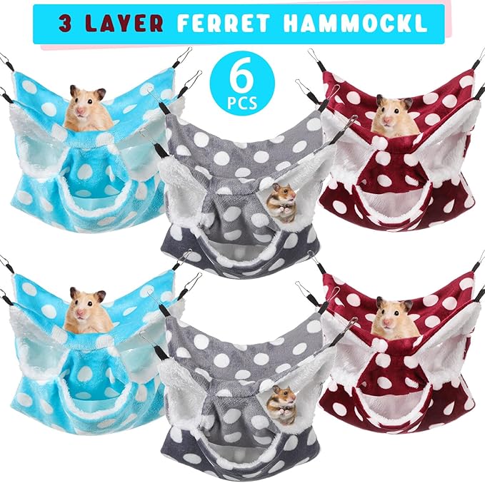 Sadnyy 6 Pieces Guinea Pig Rat Hammock Three Layer Ferret Bed Small Animal Hanging Pet Cage Hammock for Chinchilla Rat Sugar Glider Squirrel Reptiles(Lively Pattern)