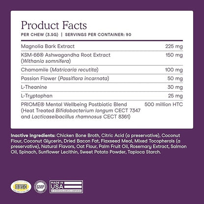 Fera Pets Dog Calming Chews - Anxiety Relief Support - Promotes Relaxation - Ashwagandha & Priome® Mental Wellbeing Postbiotic Blend - 90 Soft Chews