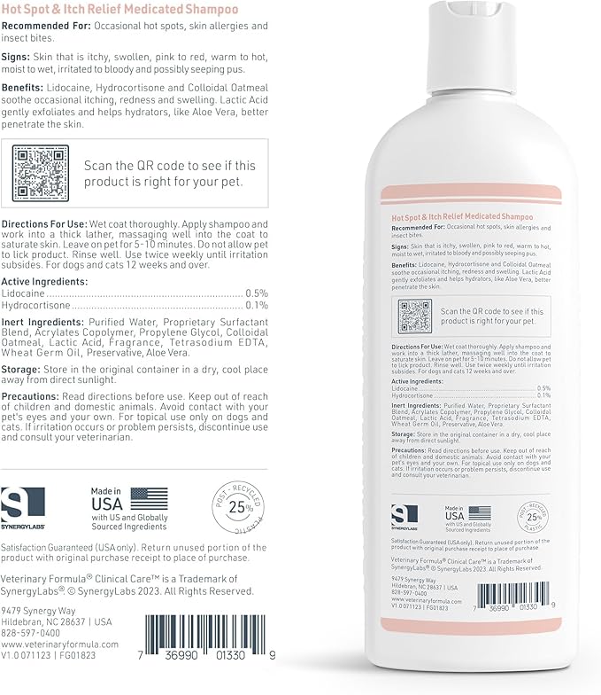 Veterinary Formula Clinical Care Hot Spot & Itch Relief Medicated Shampoo for Dogs and Cats 16 Fl Oz – Helps Alleviate Sensitive Skin, Scratching, and Licking of Coat (2 Pack)