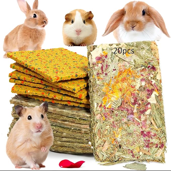 Rabbit Toys 20pcs 2 IN 1 Bunny Crisp Treat Guinea Pig Chew Snack for Cleaning Teeth Enrichment Timothy Hay Chips Hamsters Molar Food For Chinchilla Gerbil Rat Indoor Dental Care Boredom (8+12)