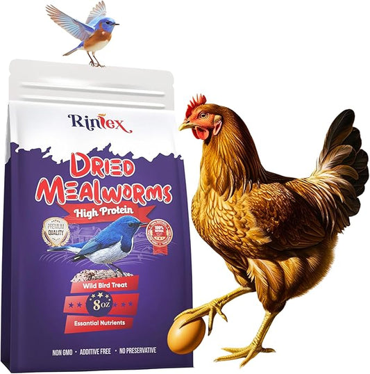 Dried Mealworms 8 oz - High Protein Food - Non Gmo Mealworms - Chicken Treats for Laying Hens - Dried Mealworms for Hamsters , Bluebird Feed, Reptile Food, Turtle Food, Hedgehog Food, Squirrel Food