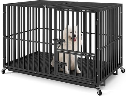 DWVO Heavy Duty Dog Crate, 47 Inch Escape-Proof Dog Cage Indoor Kennel for Medium Large Dogs with Lockable Wheels, 3-Door Design, High Anxiety Dogs Crate with Removable Trays