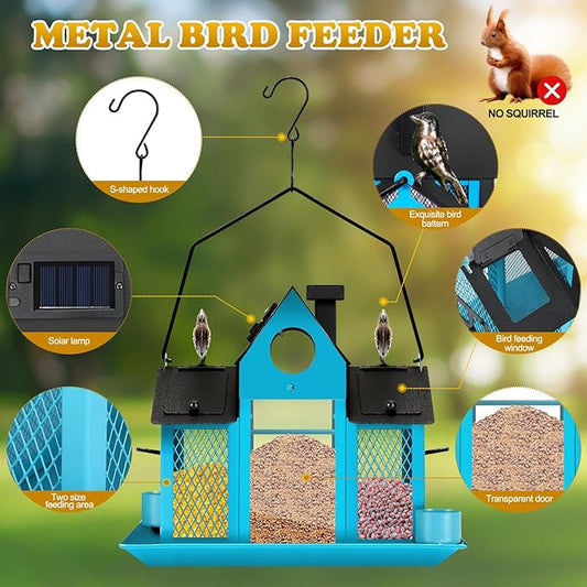 Solar Bird Feeders House for Outside Hanging, Metal Wild Bird Feeder for Outdoors Large Capacity Cardinal Birdfeeder Birdhouses Metal Bird Feeding Station Blue