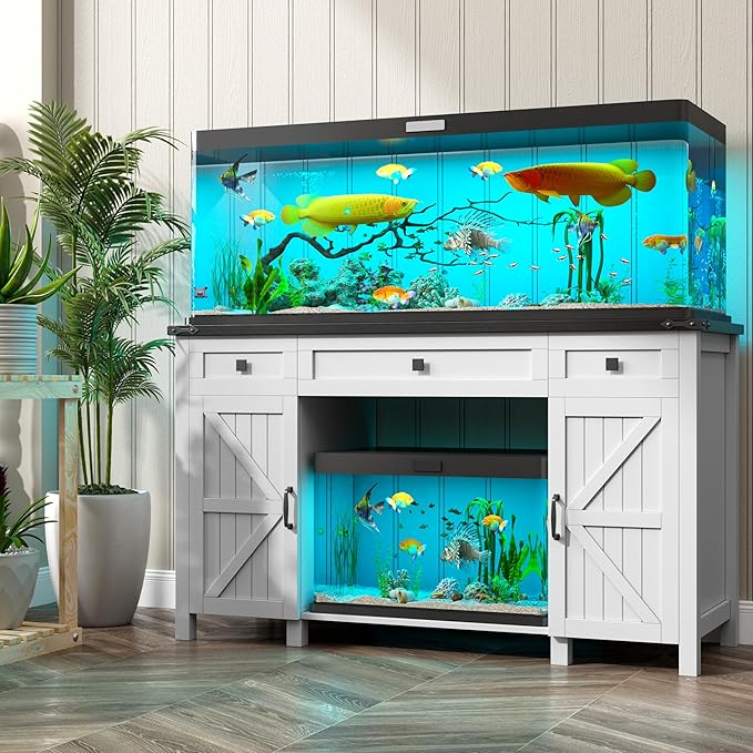 Farmhouse 55-75 Gallon Fish Tank Stand with Power Outlet, Aquarium Stand with 2 Drawers and Adjustable Shelves, Heavy Duty Reptile Tank Stand for 2 Fish Tank/Turtle Tank/Reptile Terrarium