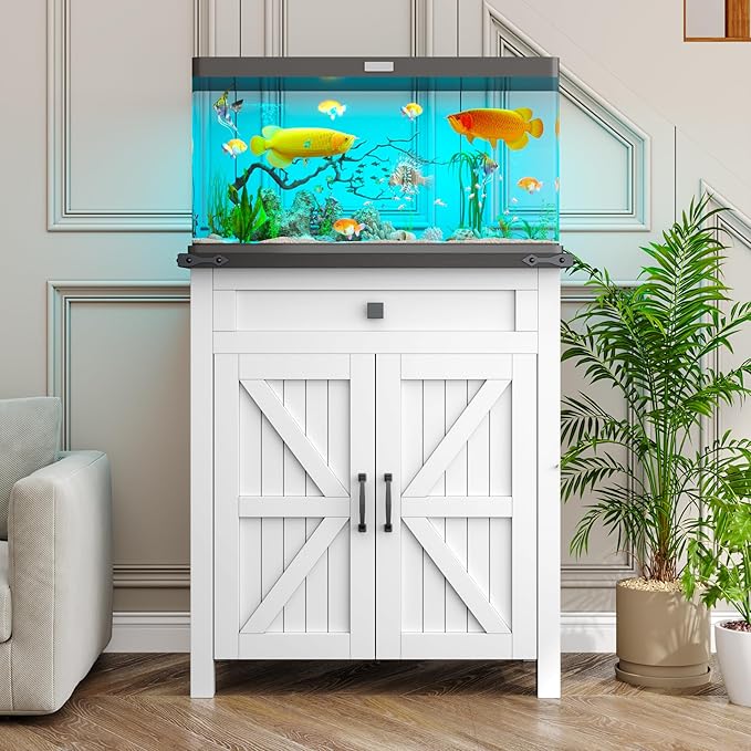 20 Gallon Fish Tank Stand with Power Outlets, Farmhouse Decorative Aquarium Stand Furniture with Adjustable Shelves, 10-20 Gallon Reptile Turtle Tank Stand with Cabinet Storage (White, 20GL)