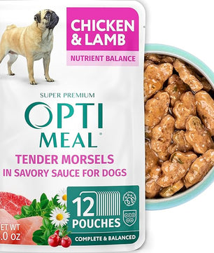 Optimeal Wet Dog Food Pouches - Grain Free Chicken & Lamb Recipe, High Protein, Tender Morsels in Savory Sauce, Made with Natural Ingredients for Dogs, Premium Nutrition - 3 oz, Pack of 12