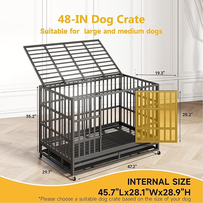 48/42/38 Inch Heavy Duty Indestructible XL Dog Crate Steel Escape Proof, Indoor Double Door High Anxiety Cage, Removable Tray, Kennel with Wheels, Extra Large XXL