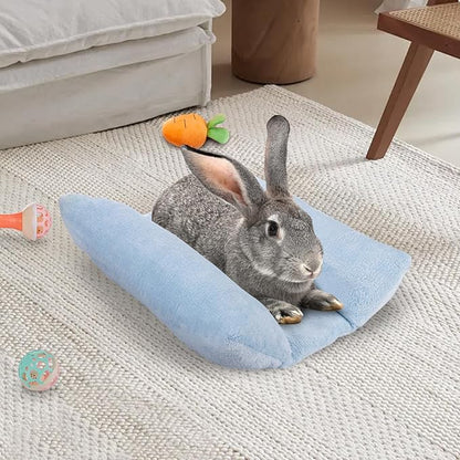 MEWTOGO 15.7 x 14In Rabbit Bed - Thickened Soft Bunny Concave Bed, Cuddle Cushion Plush Mat with Cotton Lounger Pillows, Small Pet Flop Mat for Cage Sleeping Indoor Bunny Gifts, Light Blue