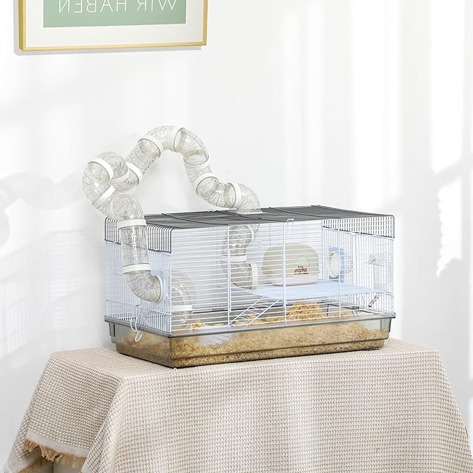 PawHut Hamster Cage, 2 Levels Gerbil Cage, Small Animal Cage for Dwarf Hamster with Tubes and Tunnels, Exercise Wheel, Food Dish, Water Bottle, Ramp, 23" x 13" x 12", Gray