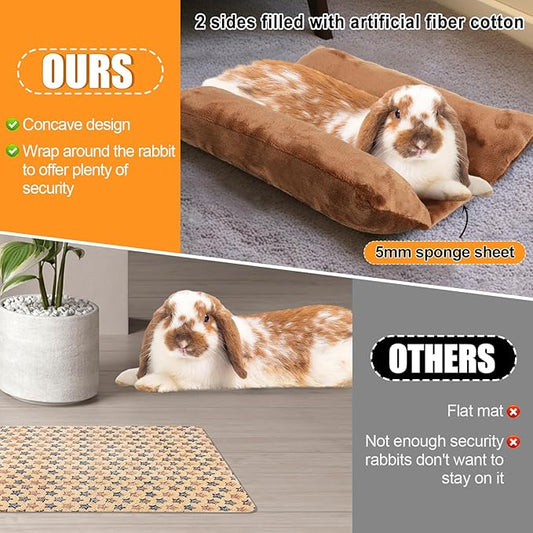 MEWTOGO 15.7 x 14In Rabbit Bed, Thickened Soft Bunny Bed, Cuddle Cushion Plush Mat with Cotton Lounger Pillows, Small Pet Flop Mat for Cage Sleeping Indoor Bunny Gifts, Brown