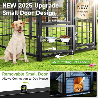 Outdoor Dog Kennel with Roof, Weatherproof Large Dog Kennel Outside with Swivel Feeders & Removable Doggy Door, Heavy Duty Dog Run Pet Enclosures for Medium to Large Dogs (8'L x 4'W x 6'H)