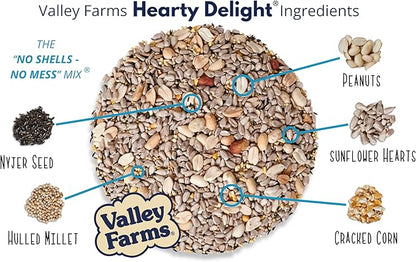 Valley Farms Hearty Delight 4 LB 2-Pack (8 LB Total) Wild Bird Food for Outside Feeders, No-Mess Wild Bird Seed with Sunflower Hearts & Peanut Kernels, No Fillers, Perfect for Outdoor Patios